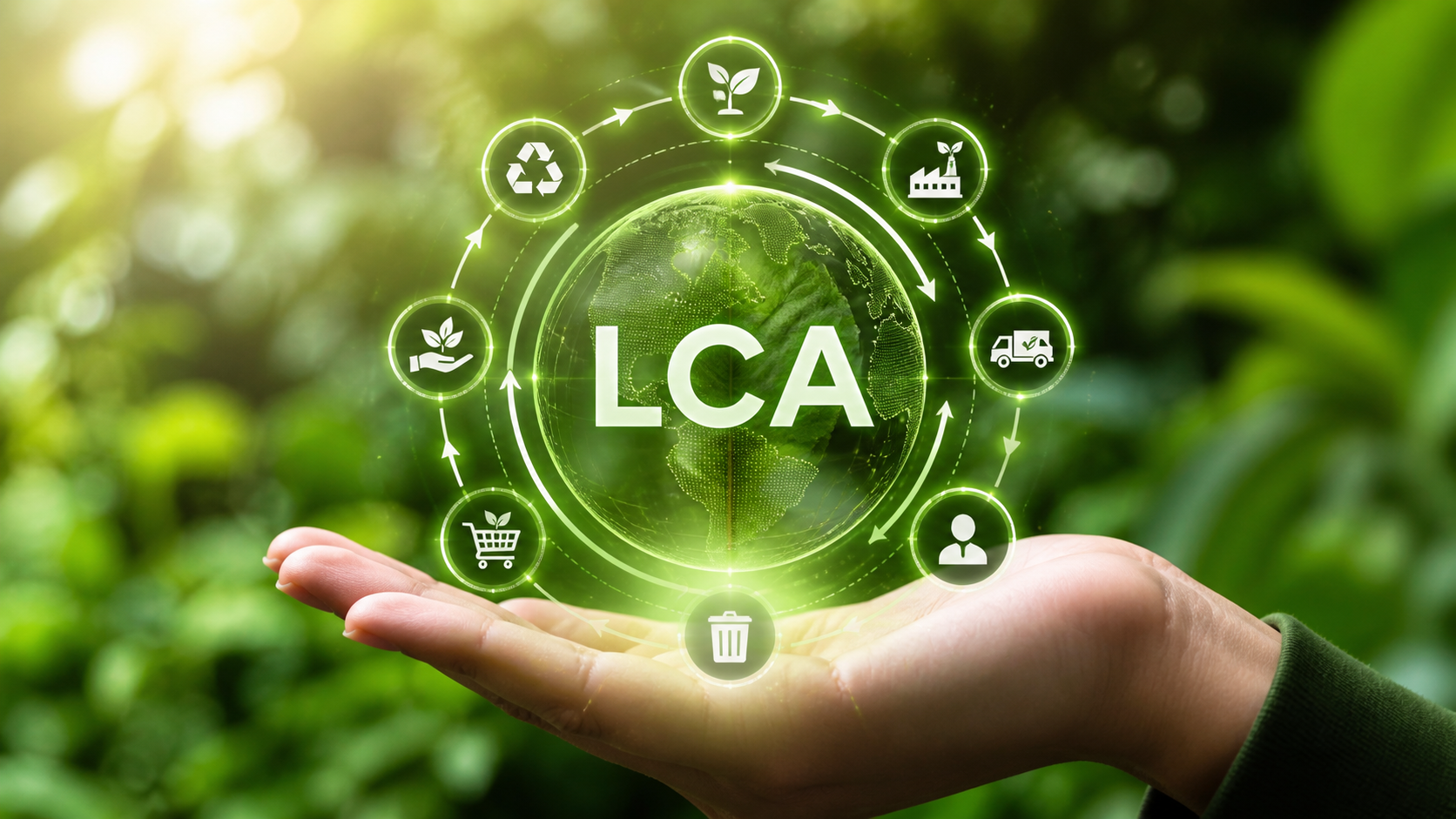 Life Cycle Assessment visual with a hand holding a glowing circular environmental interface